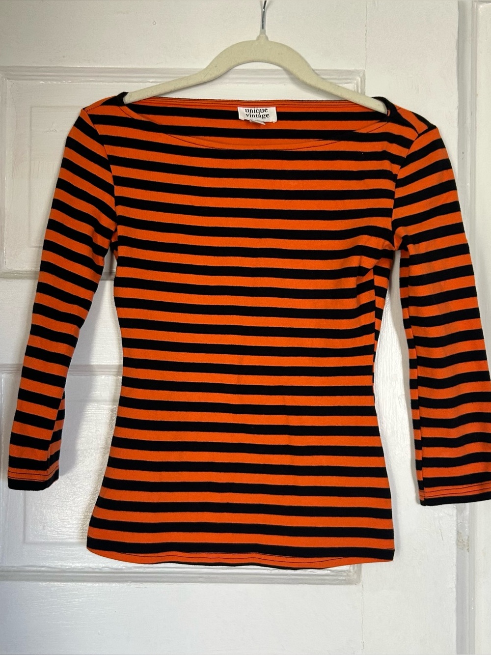 Unique Vintage XS Halloween Orange & Black Striped 3/4 Quarter Long Sleeve Top